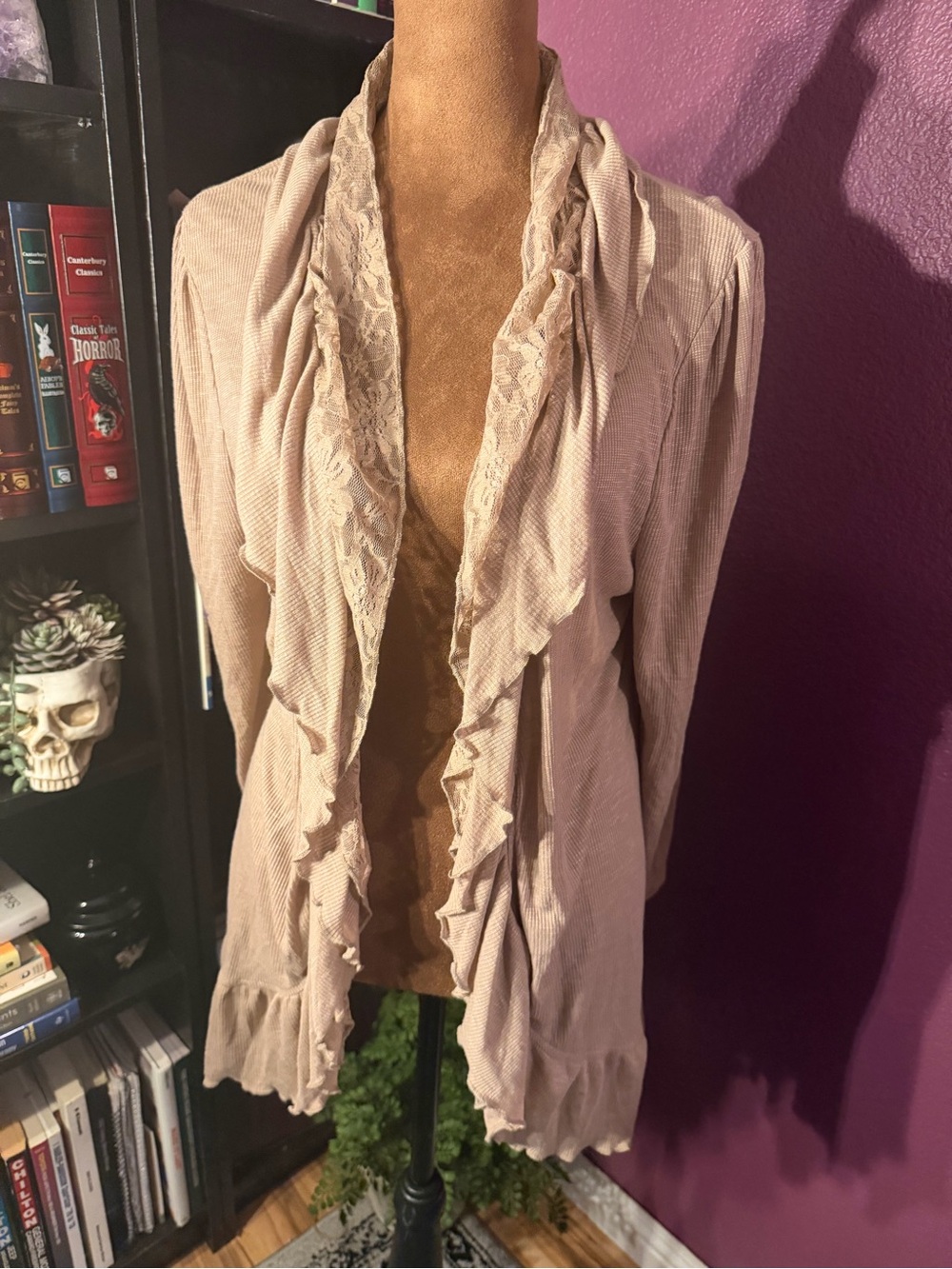 Carolyn Taylor tan/oatmeal Ruffled Cardigan- cottagecore, fairycore